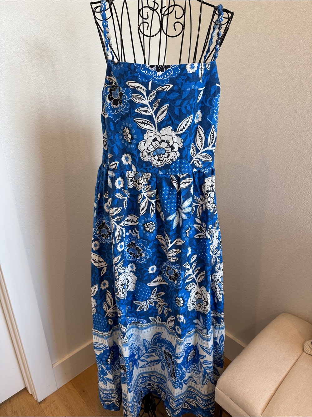 Rachel Zoe Blue White Floral Linen Blend Midi Sundress Braided Straps -NWT